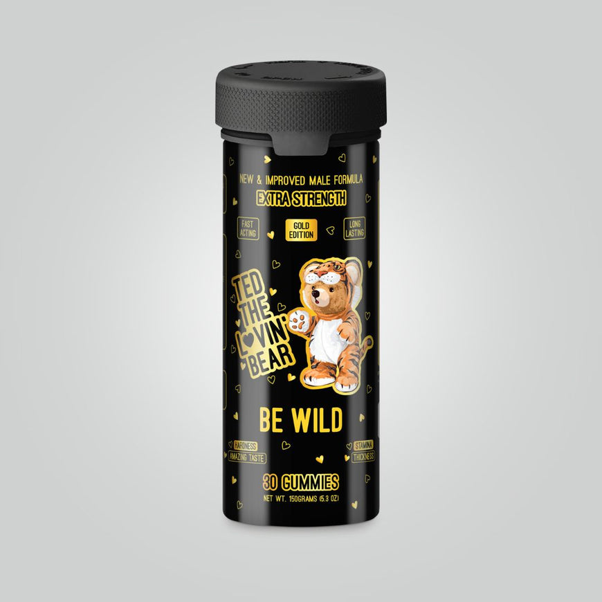 Ted Men Love Gummies bottle - 30pc, extra strength male formula, boosts energy and libido - Gold Edition with Ted the loving bear on the label.