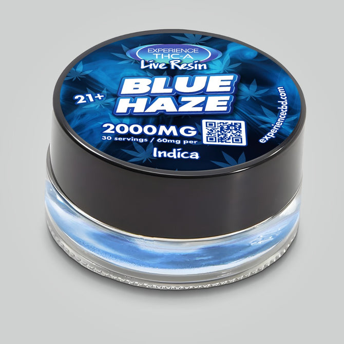 THC-a Wax Blue Haze 2000MG Indica jar with label showing 30 servings, 60mg per serving, blue and black packaging.